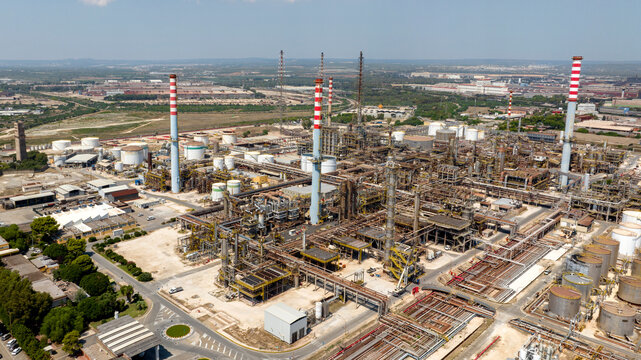 Aerial view of Taranto Steelworks, Italy. The ILVA plant in Taranto is an industrial complex located in the Tamburi district.