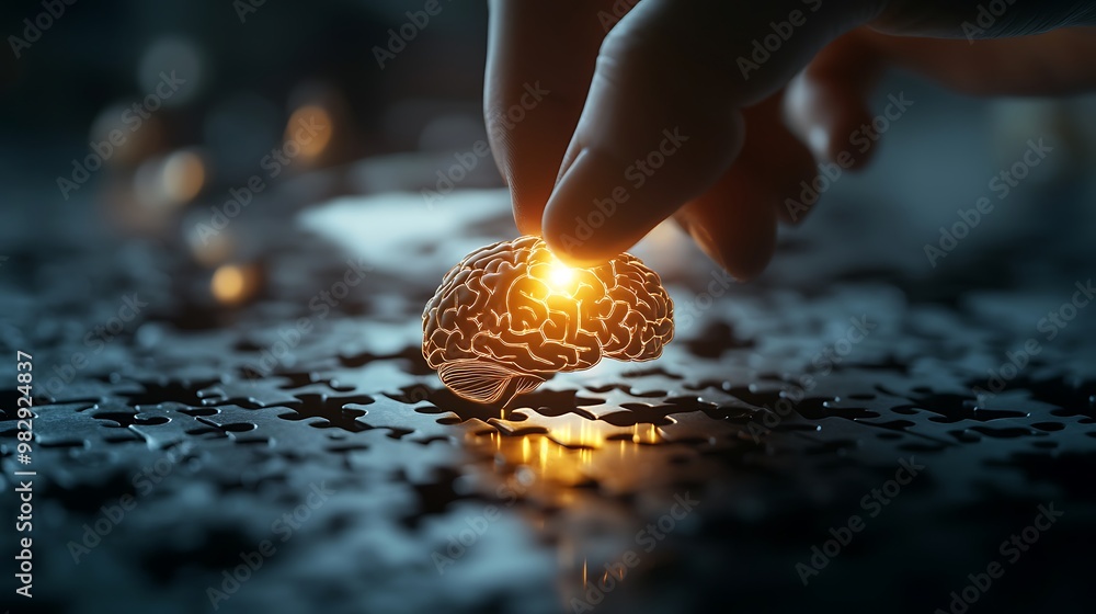 Poster illuminating learning: glowing memory fragment integrated into brain puzzle - concept of knowledge e