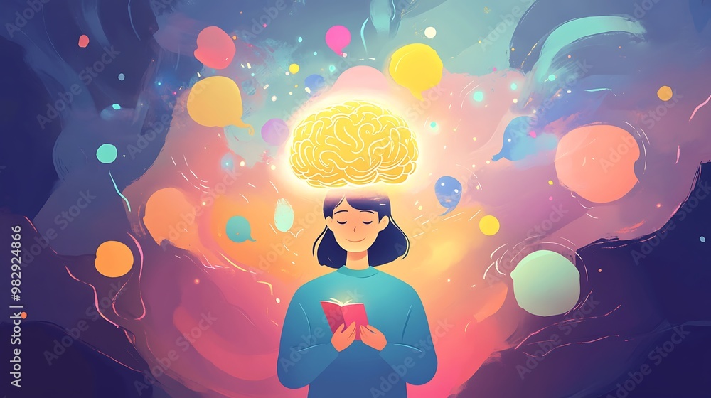 Poster bright mind - cartoon character holding glowing brain with colorful thought bubbles, symbolizing lea