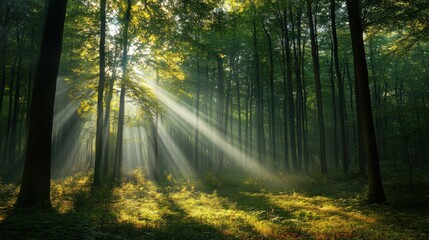 Obraz premium Sunlight in Moody Forrest: Summer Light and Nature Background