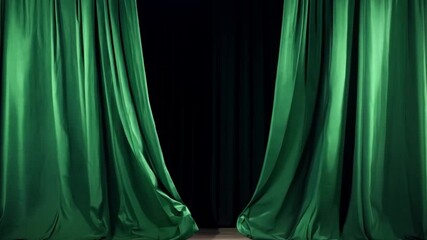The lush green curtains hang gracefully in a theater, casting a rich and vibrant atmosphere. They serve as a striking backdrop for performances or events.
