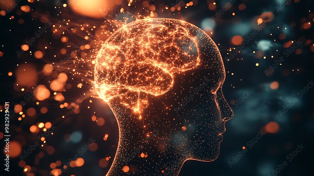 Poster illuminated memory pathways: conceptual graphic design of learning connections in transparent head