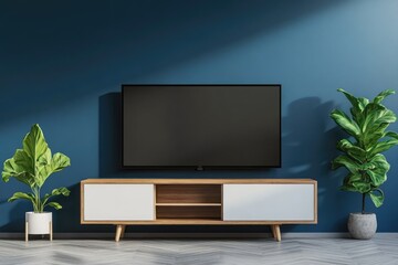 Modern Living Room Interior with Television Unit on Blue Wall
