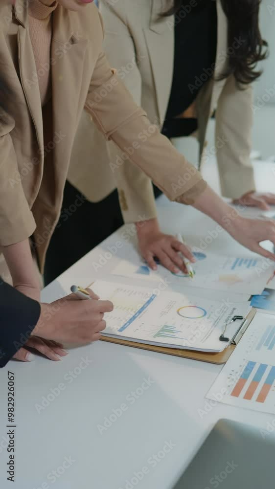 Poster vertical footage of close up of hands teamwork business group are meeting working calculate and brai
