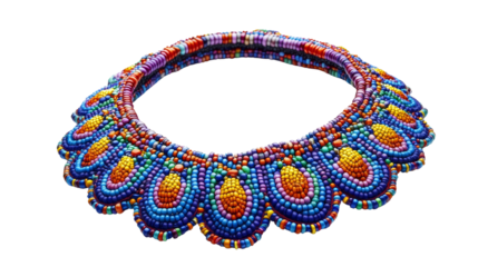 Colorful handcrafted beaded necklace with intricate patterns, featuring vibrant blue, red, and yellow beads, perfect for unique fashion pieces.