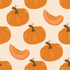 Seamless pattern with pumpkin and pumpkin slice. Happy Thanksgiving! Autumn cozy pattern. Halloween background.