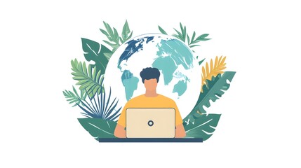 A man, woman, is sitting at his desk with the laptop screen showing social media on it, a flat design illustration