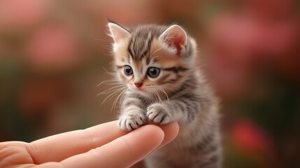 Obraz premium A tiny, striped kitten perched adorably on a person's finger with a softly blurred, warm-toned autumn background, evoking feelings of warmth and love.