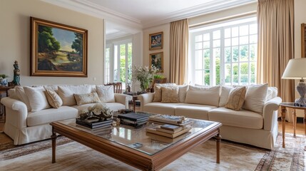 Fototapeta premium A big, comfy cream-colored sofa sits in the roomy living room.