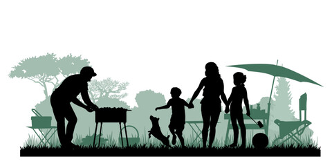 Family silhouettes. Father, mother and children had a picnic in nature. Vector illustration	
