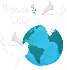 Peace Doves in flight and Planet Earth on a transparent background. Peace anti war symbols. Peace concept Banner design for International World Peace Day	