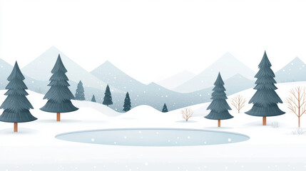 A serene winter landscape featuring snow covered trees surrounding frozen lake, with gentle snowfall adding to tranquil atmosphere