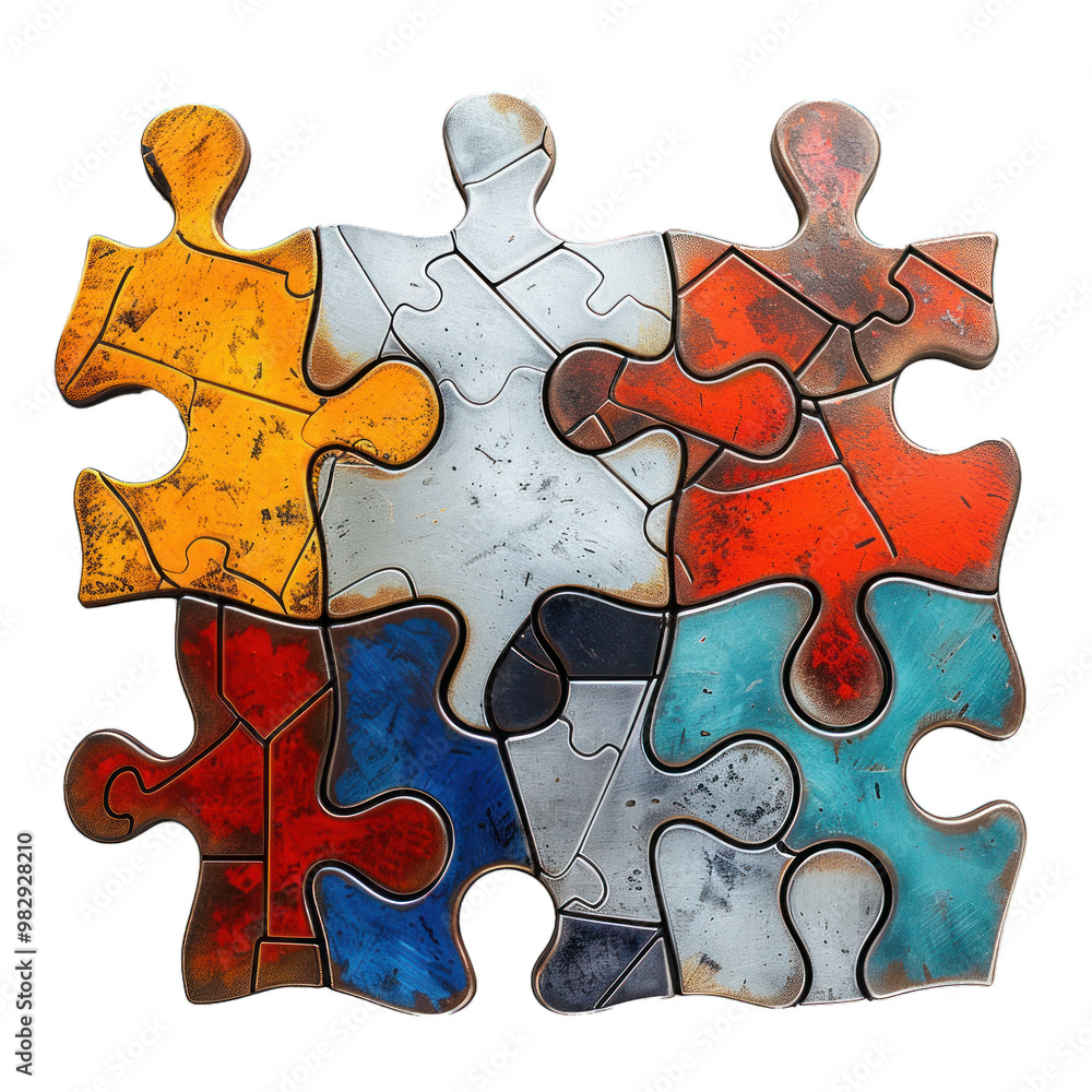 Poster set of colorful rusty metal puzzle pieces forming a square, representing problem solving, teamwork, 