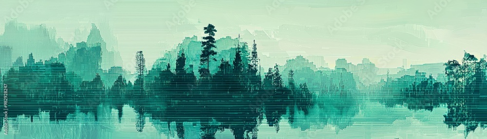 Poster digital pixelated forest panorama with glitch effects for abstract texture