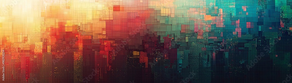 Poster digital pixelated forest panorama with glitching effects for abstract texture