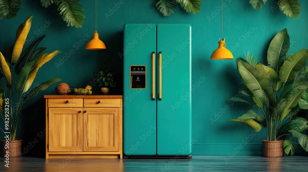 Wall mural a smart fridge completing an iot-powered payment for groceries, futuristic home setting with seamles