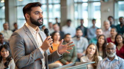 Indian Keynote Speaker Addressing Crowd – Indian keynote speaker addressing a diverse crowd at an event.	
