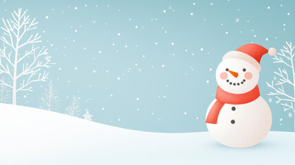 Fototapeta premium A cheerful snowman stands in serene winter landscape, surrounded by gently falling snowflakes and frosted trees. scene captures essence of peaceful winter day