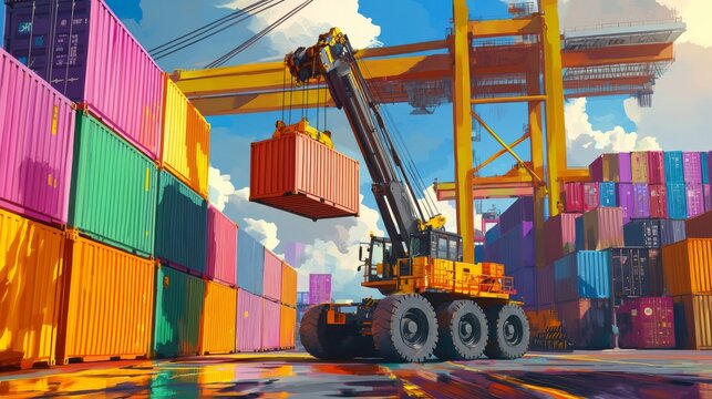 Industrial Powerhouse - Massive Reach-Stacker Grasping Vibrant Shipping Container in Busy Port