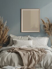 Modern Scandinavian Bedroom Interior with Stylish Wall Frame Mockup