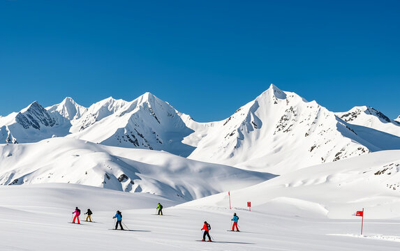 Skiers skiing in the snow mountain slopes; big white out snow mountains ski resort; sports photography; landscape photography; skiers skiing down the slopes in the mountain alps