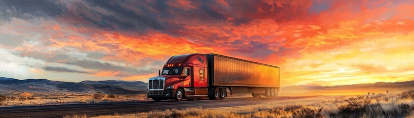 Golden Desert Sunset: Majestic Truck in Digital Painting