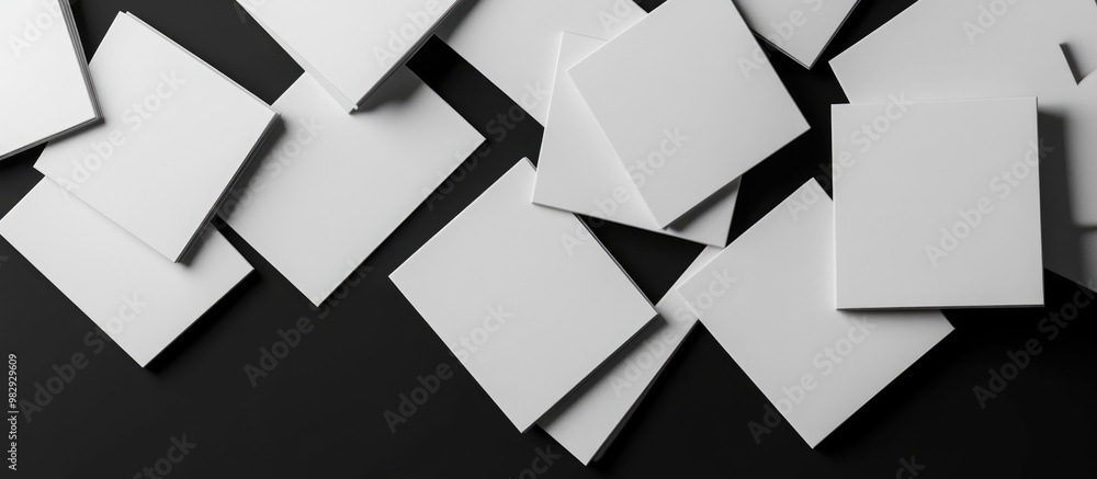 Poster abstract 3d rendering featuring white flat elements resembling blank notepads set against a black ba