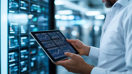 A businessman holding tablet while analyzing financial data on digital screen, showcasing modern technology and data analysis in professional environment