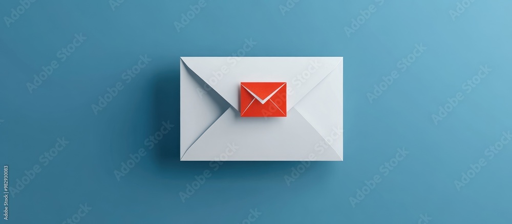 Poster white closed paper envelope with a red notification on a flat blue background featuring a 3d illustr