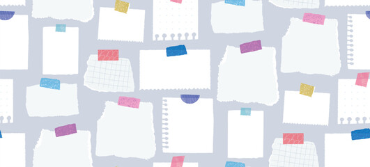 Memo notes pattern, seamless texture banner with blank paper pages taped to blue wall. Productivity concept background, to do lists, big plan template