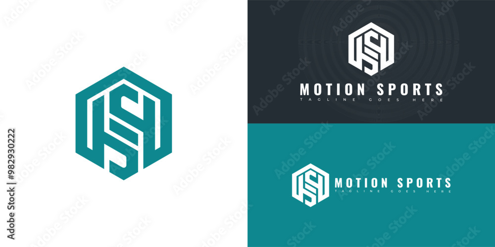 Poster modern hexagon vector initial letter ms or sm logo in green color isolated on multiple background co