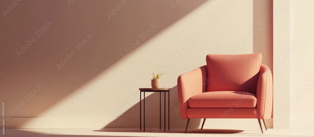 Poster isometric view of a single red armchair in a monochromatic room a side table complements the minimal