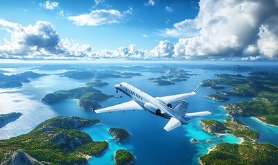 Obraz premium Private Jet Soaring Above Lush Islands