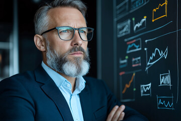 A focused executive is analyzing data on whiteboard, showcasing graphs and charts. His thoughtful expression reflects seriousness of negotiation process