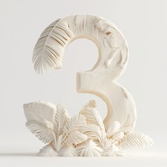 3D number 3 with palm texture realistic modern design, soft lighting, white background. 