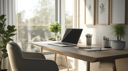 Modern Home Office with Minimalist Design, Natural Light, Ergonomic Chair, Laptop, and Potted Plants in a Clean, Organized Workspace for Productivity and Comfort
