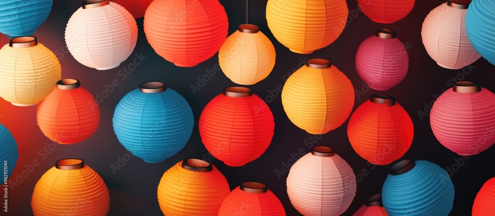 Poster vibrant paper lanterns in a flat design creating a colorful background