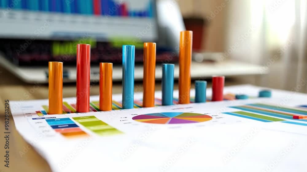 Poster A collection of colorful bar graphs and pie charts on a workspace table showcases data analysis, emphasizing trends and comparisons in informative visuals.