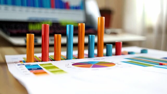 A collection of colorful bar graphs and pie charts on a workspace table showcases data analysis, emphasizing trends and comparisons in informative visuals.