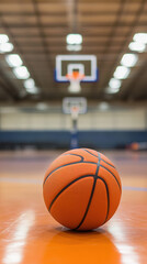 Naklejka premium orange basketball sits on the wooden gym floor, leading to blurred basketball hoop beyond