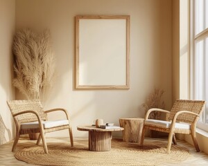 Scandinavian Home Interior with Natural Wooden Furniture and Mockup Frame in Beige Room