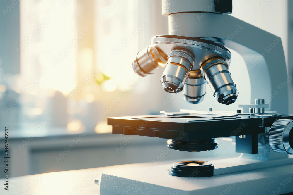 Poster advanced microscope with metal lens in laboratory setting
