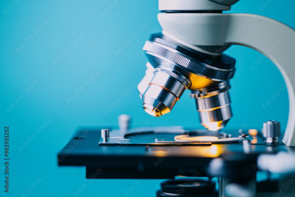 Poster advanced microscope with metal lens in laboratory setting