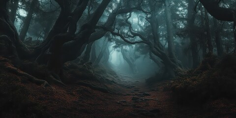 Eerie dark forest pathway shrouded in mist, with twisted trees and a mysterious, haunting atmosphere perfect for horror or fantasy themes.
