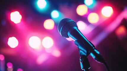 Obraz premium Vibrant Microphone Close-Up at Dynamic Music Concert Under Colorful Stage Lights