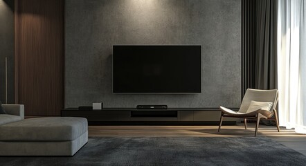 Modern Living Room Interior with TV Cabinet and Armchair in Elegant Decor
