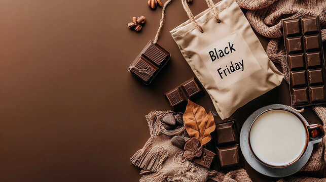 An eye-catching Black Friday sale concept. Aesthetic food shopping. Trendy brown colors. Ideal for advertising, marketing, promotions related to holiday shopping, discounts, and retail events