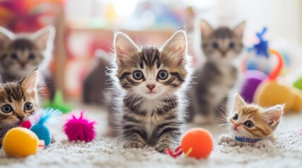 A group of kittens interacting with a variety of toys, including balls, stuffed mice, and feather wands, in a bright and cheerful play area