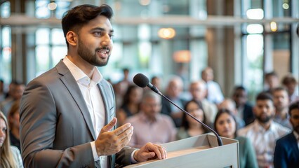 Indian Entrepreneur at Public Speaking Event - An Indian entrepreneur making a presentation at a podium.	
