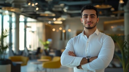 Fototapeta premium A confident young man stands with crossed arms in a modern, stylish interior featuring soft lighting and contemporary furniture.